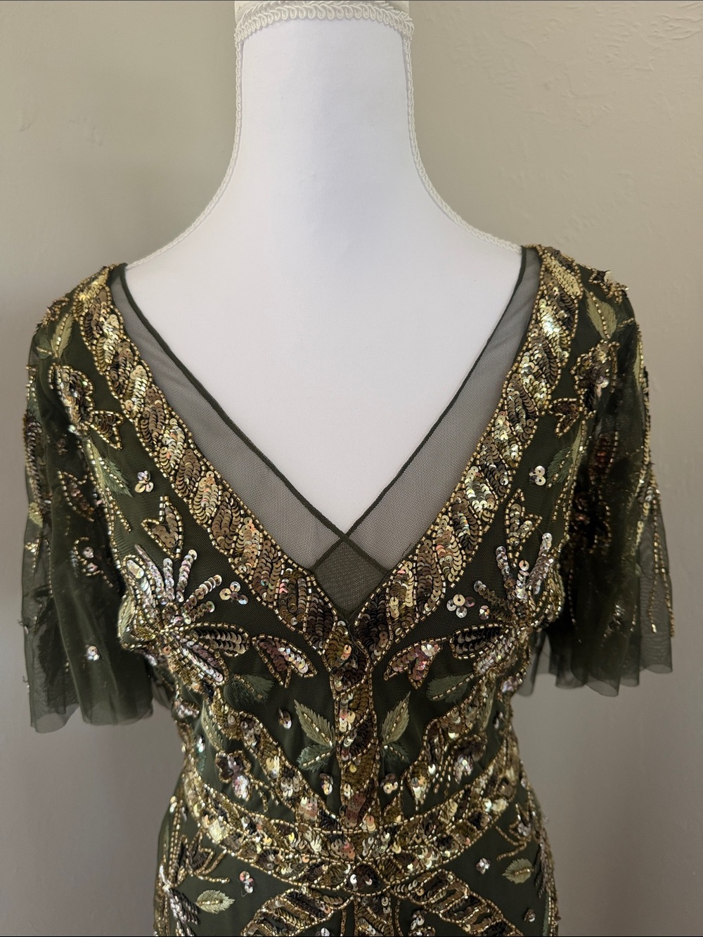 Adrianna Papell Olive Green Maxi Gown with Gold Beading - sold out